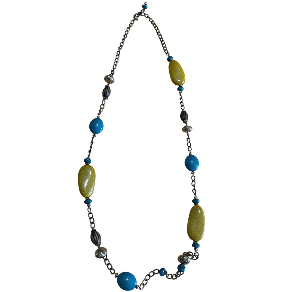 Boho Teal Blue Mustard Yellow‎ Crackle Bead Long Bronze Tone Statement Necklace